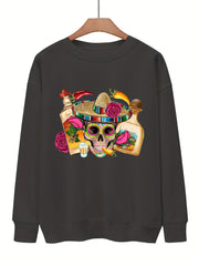 Funny Skull Print Pullover Sweatshirt Long Sleeve Casual Winter Wear