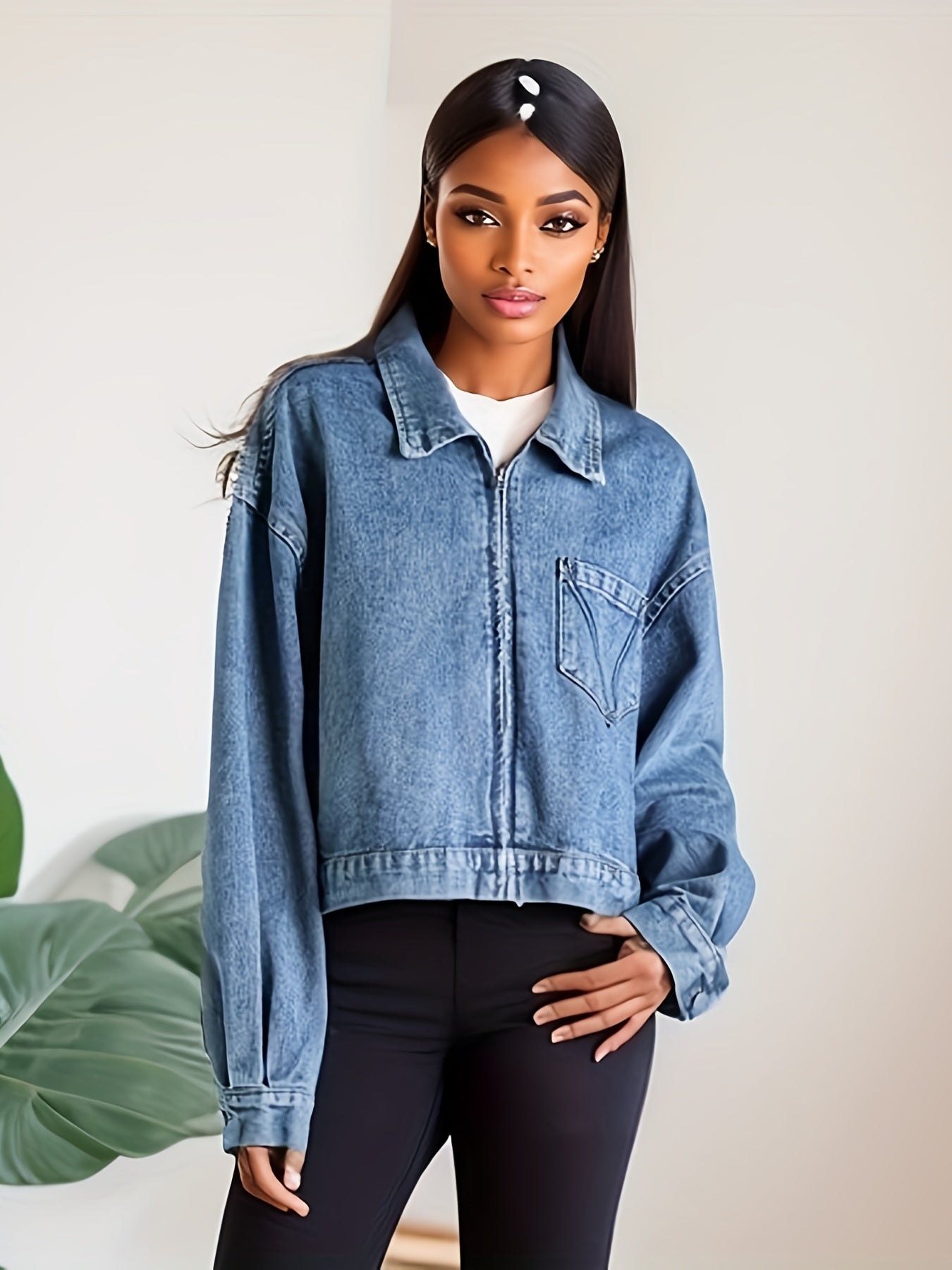 Long Sleeves Denim Jackets Zip Front Coats Women's Denim Clothing