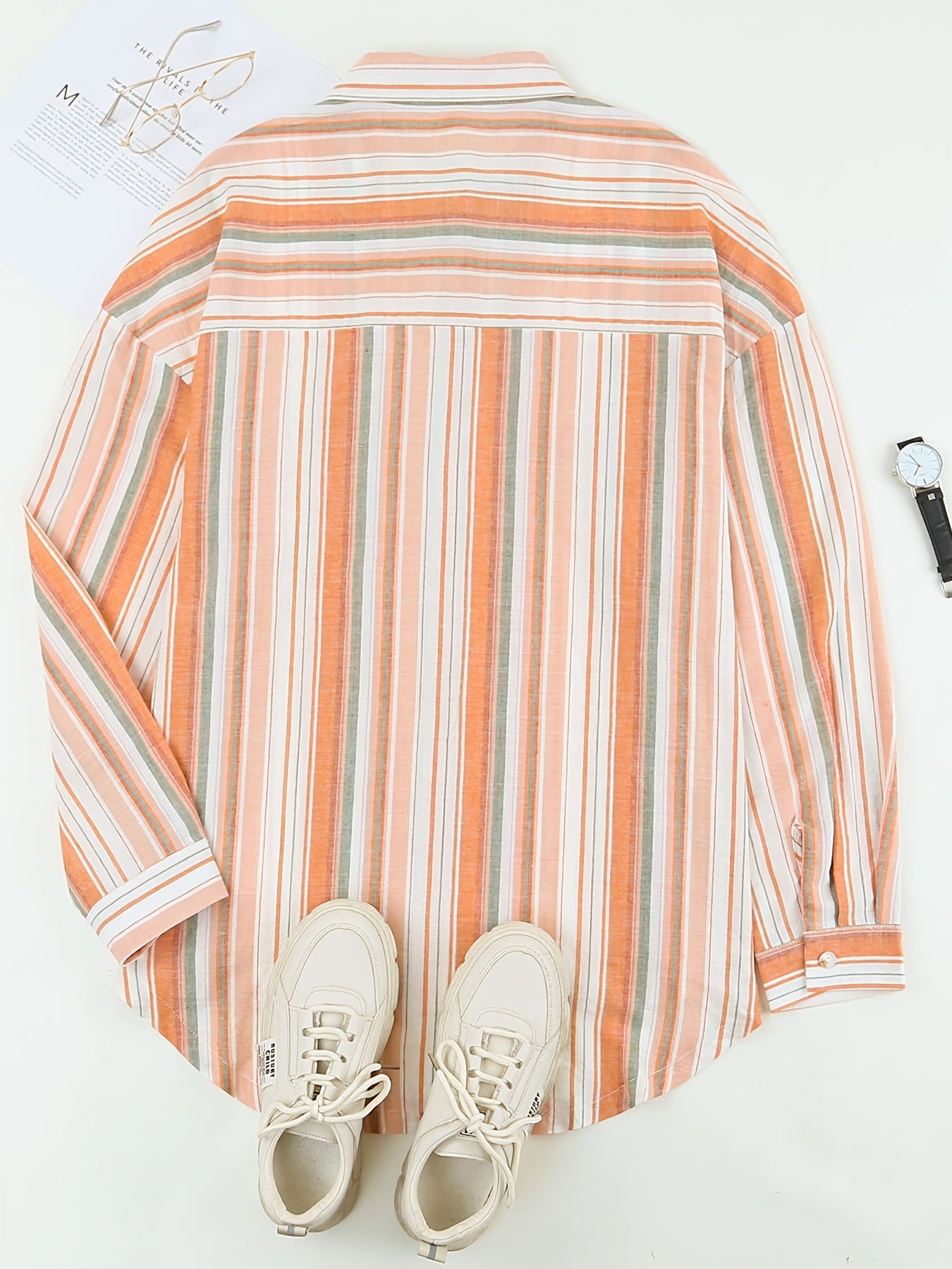Women's Orange Stripe Print Long Sleeve Blouse