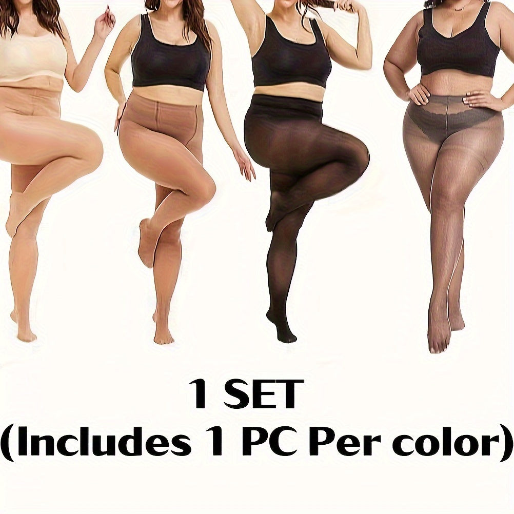 4 Pairs Plus Size Casual Pantyhose Set Women's Plus Semi Sheer Control Top