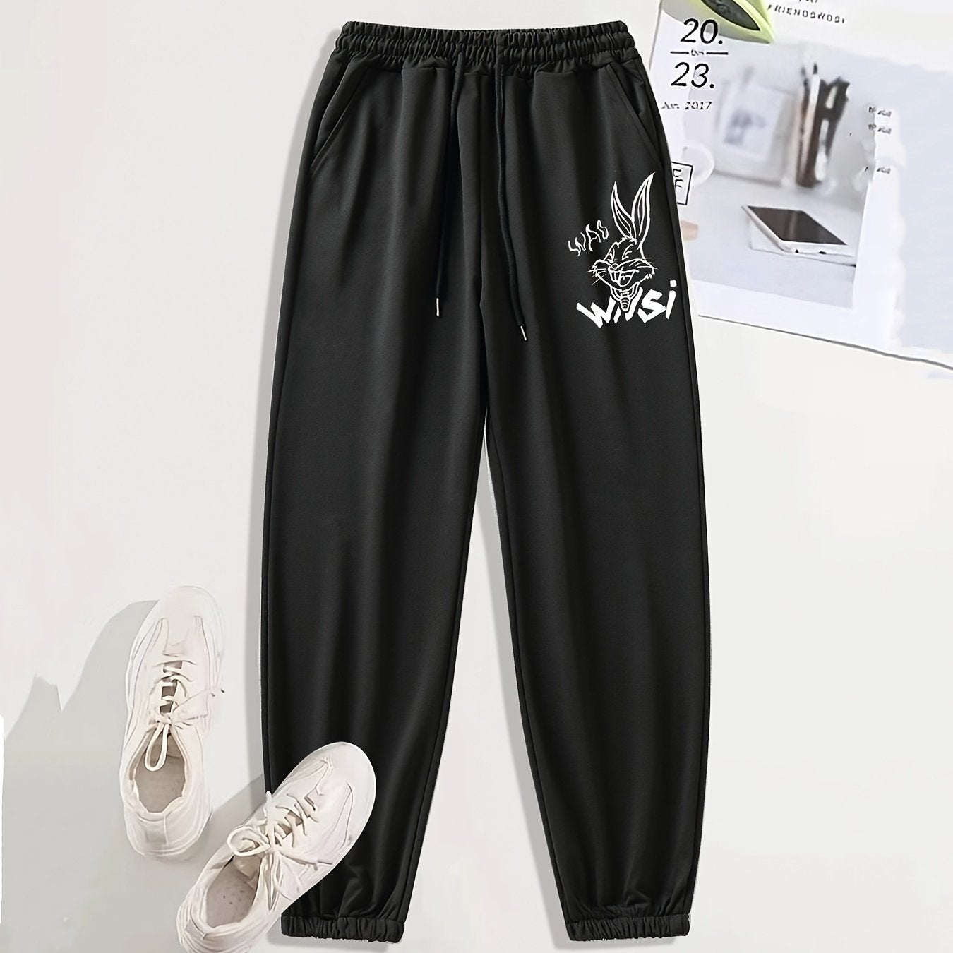 Rabbit Print Casual Sports Pants Drawstring Side Pockets Couple Jogging Pants