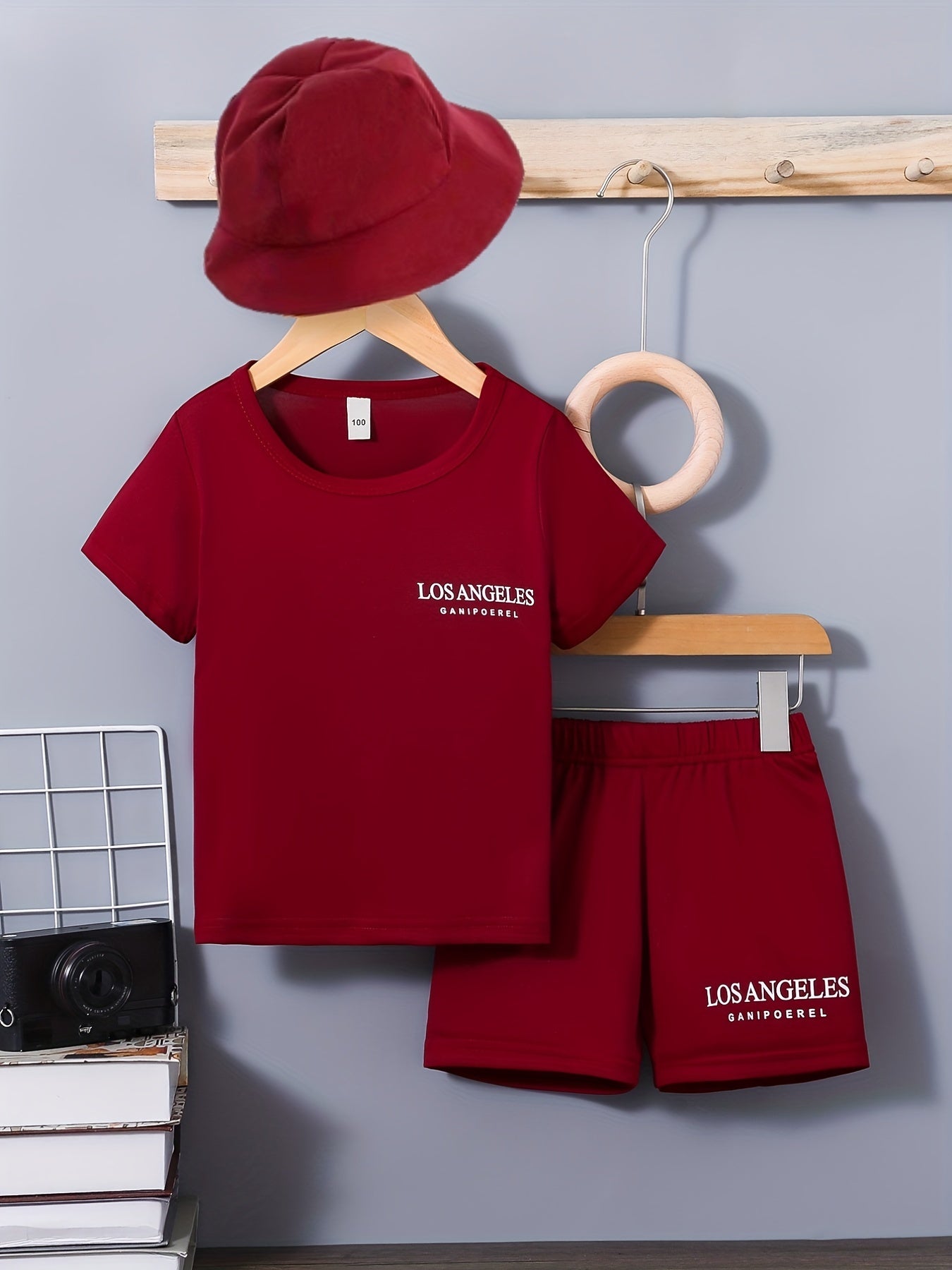 Boys Casual Letter Graphic Print T shirt&Shorts&Hat Set