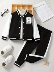 Boy's 2pcs Baseball Jacket & Sweatpants Set Letter B Print Top Outfit