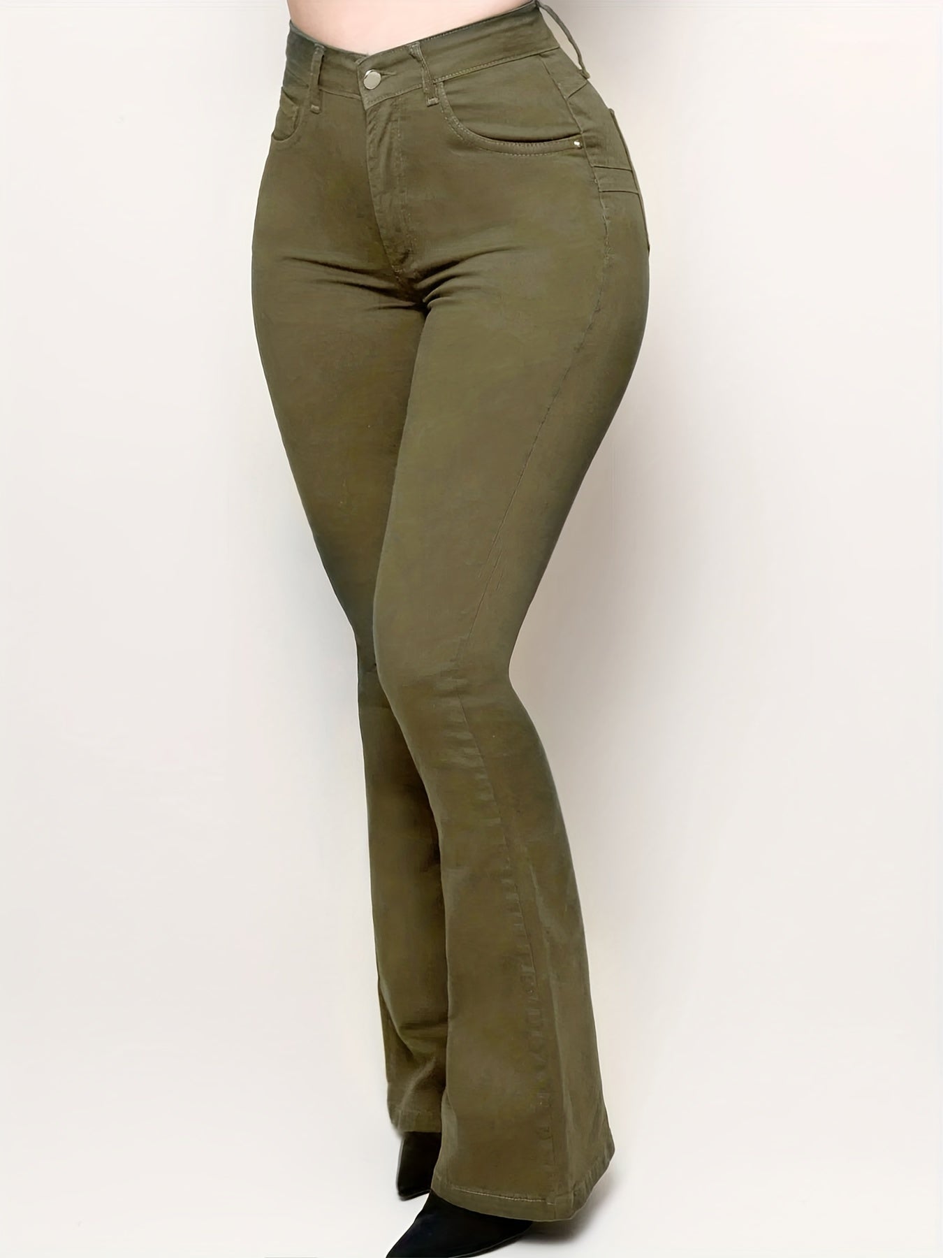 Olive Green Bootcut Jeans High Stretch Mid Waist Solid Bell Bottoms