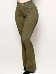 Olive Green Bootcut Jeans High Stretch Mid Waist Solid Bell Bottoms