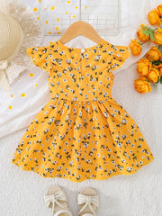 Toddler Baby Girls Dresses Summer Flutter Sleeve Floral Pleated Casual Dress