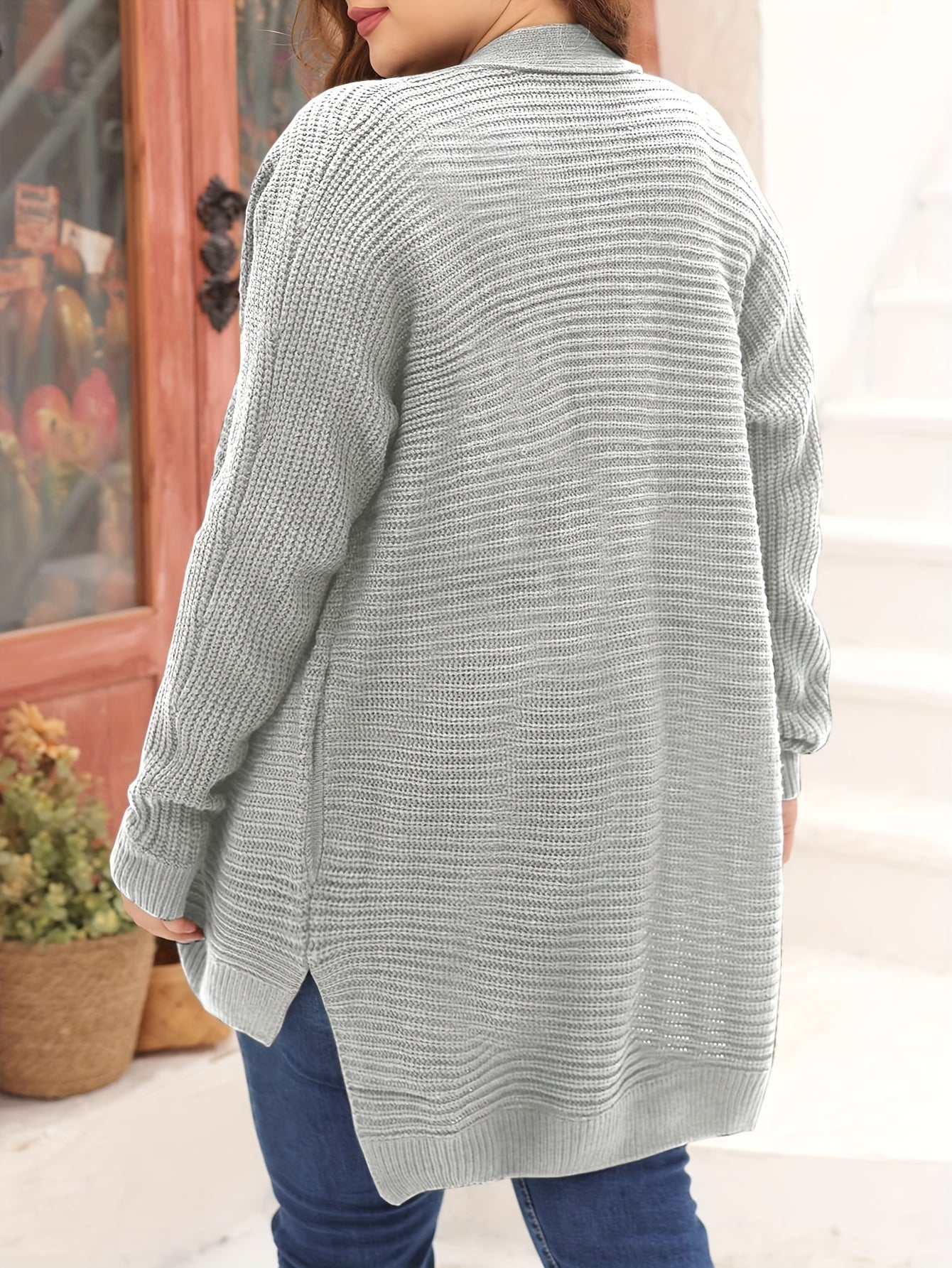 Casual Cardigan Women's Plus Solid Ribbed Batwing Sleeve