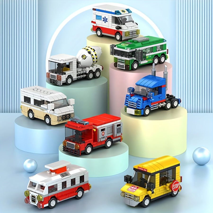100 pcs City Vehicle Building Blocks Toys - 8 Styles - School Bus, Fire Truck