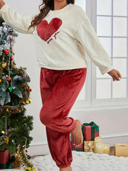 Heart Pattern Fleece Top & Joggers Pajamas Set