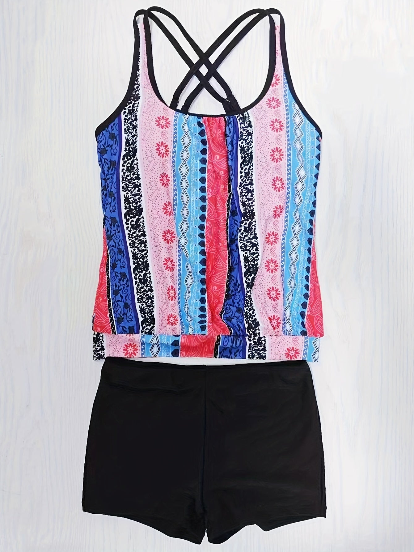 Tribal Style Tankini Set Criss Cross Straps Boxer Short Bottom Swimsuit