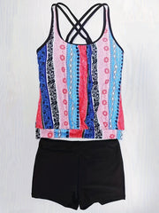 Tribal Style Tankini Set Criss Cross Straps Boxer Short Bottom Swimsuit