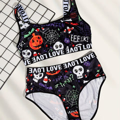 Gothic Underwear Set Skull & Spiderweb Print Bra & Panty Two Piece
