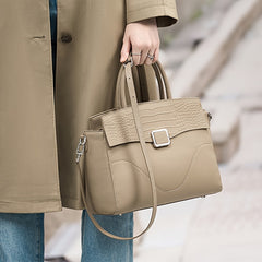 Vintage Leather Handbag for Women Gray Tote with Zipper Closure