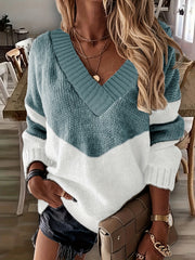 Colorblock V-Neck Sweater Long Sleeve Pullover