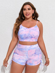Tie Dye Ruched Cami Top & Drawstring Shorts Swimsuit Set Women's Plus