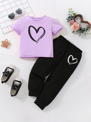 Girls Heart Print Short Sleeve T shirt & Sweatpants Set