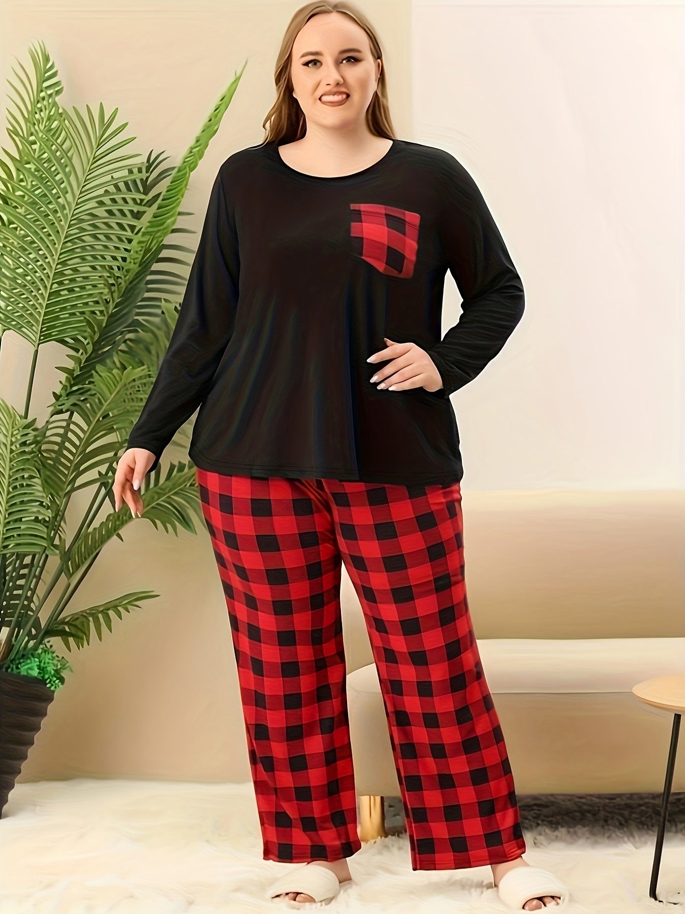 Plaid Print Loungewear Set Long Sleeve Tee & Pants