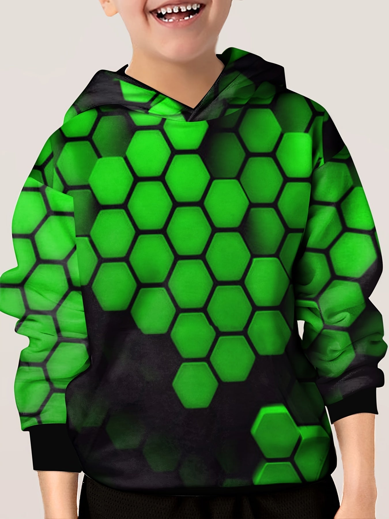 Green Honeycomb Pattern Hoodie For Kids Pullover Hooded Long Sleeve Top