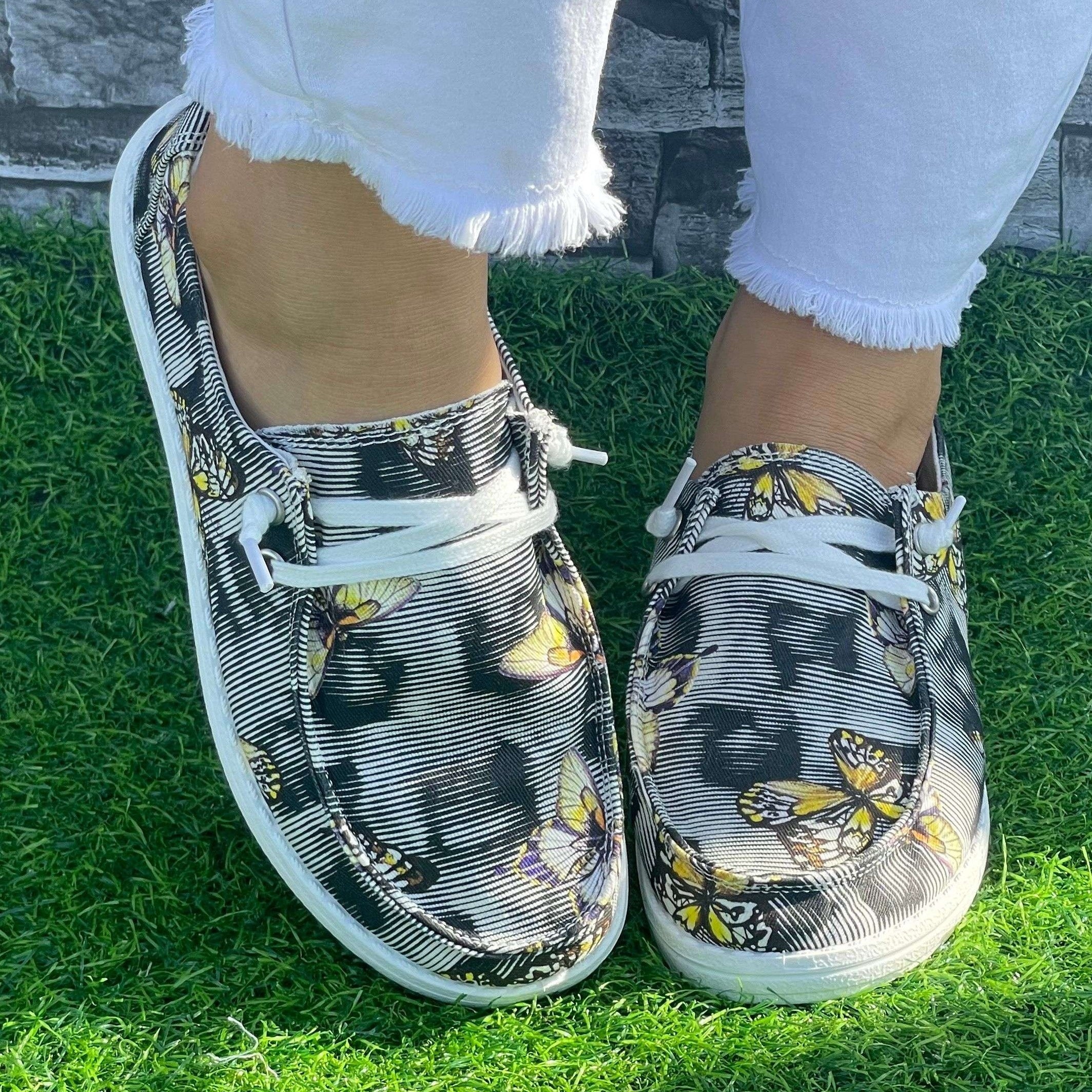 Striped Butterfly Pattern Flat Shoes Women's Shallow Mouth Casual Shoes