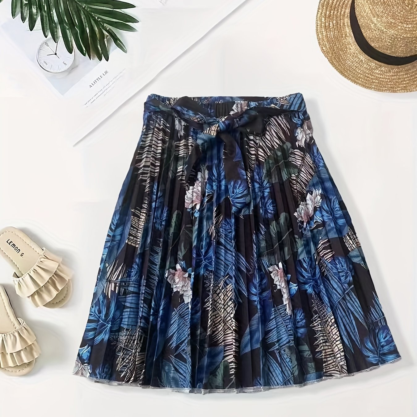 Floral Print Pleated Tie Waist Skirt for Women