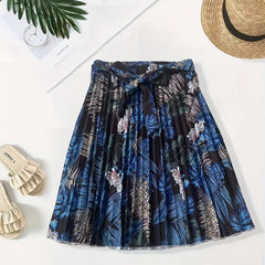 Floral Print Pleated Tie Waist Skirt for Women