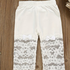Girls Soft Cotton Leggings with Bow Flowers Lace Patchwork