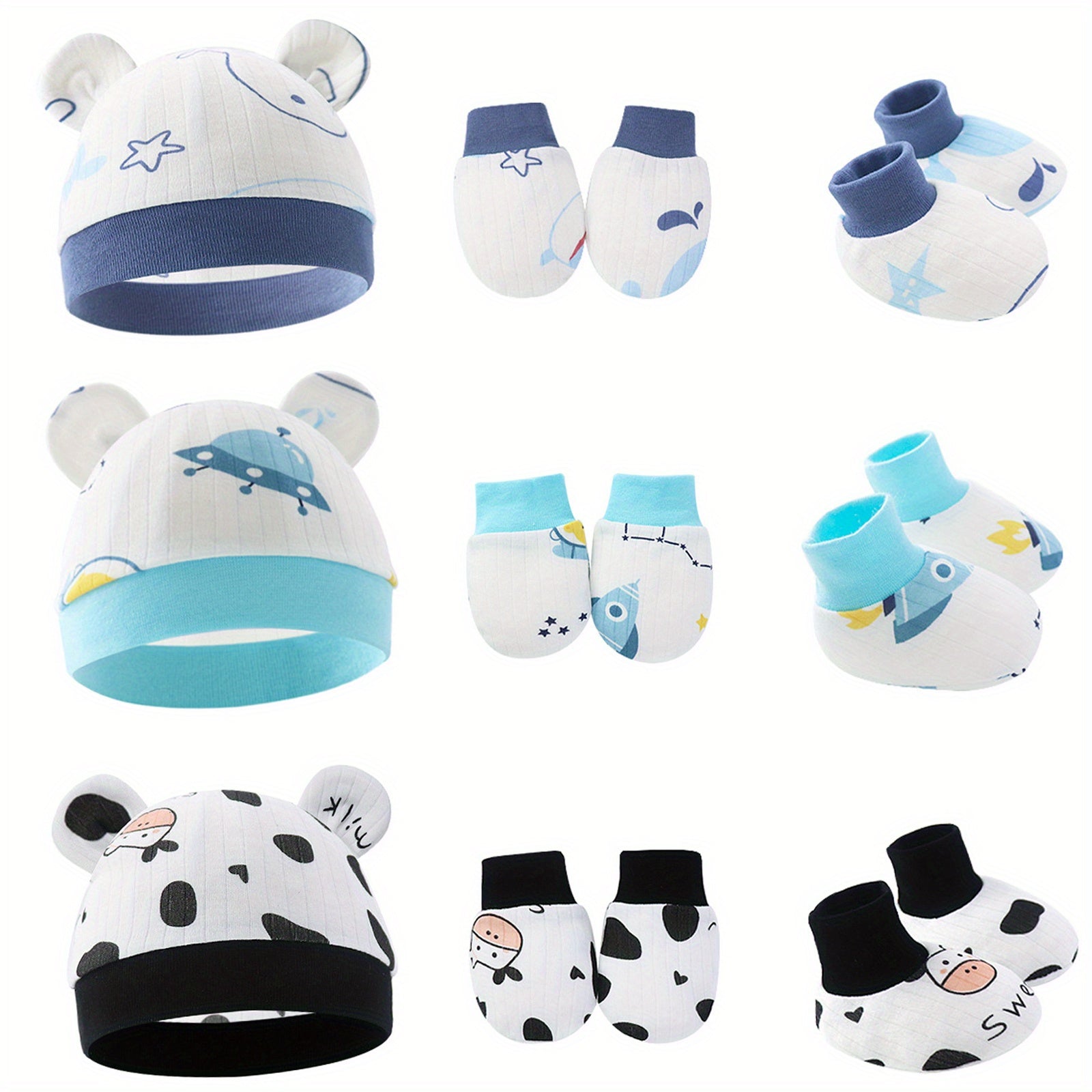 3 Piece Soft Cotton Newborn Baby Set: Beanie Knot Hat, Mittens & Socks