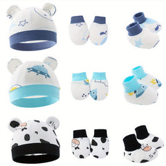 3 Piece Soft Cotton Newborn Baby Set: Beanie Knot Hat, Mittens & Socks