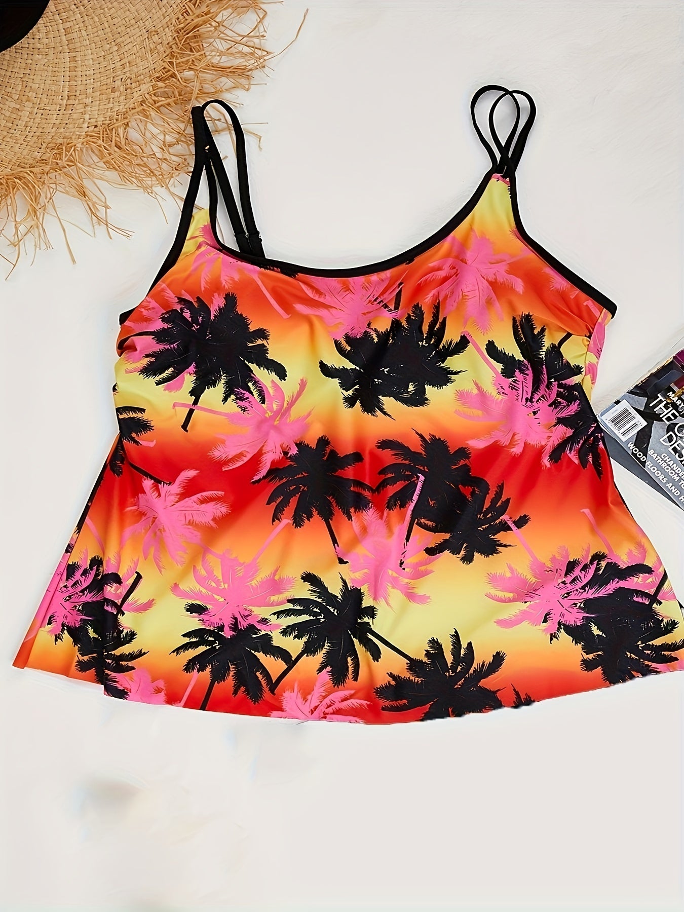 Coconut Tree Print Tank Top & Solid Shorts Swimsuit Set