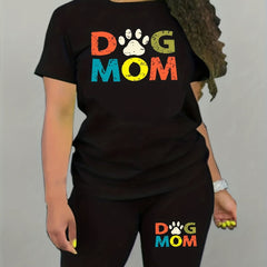2pcs Dog Mom Letter Print Casual Sports Suits Loose Short Sleeve T shirts & Shor