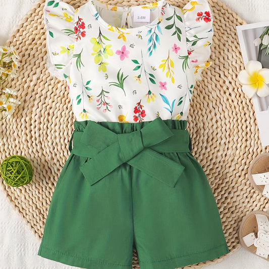 Baby Girl Floral Printed Blouse & Solid Shorts Set