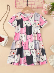 Girls Cartoon Cat Sleeveless Dress for Summer Holiday