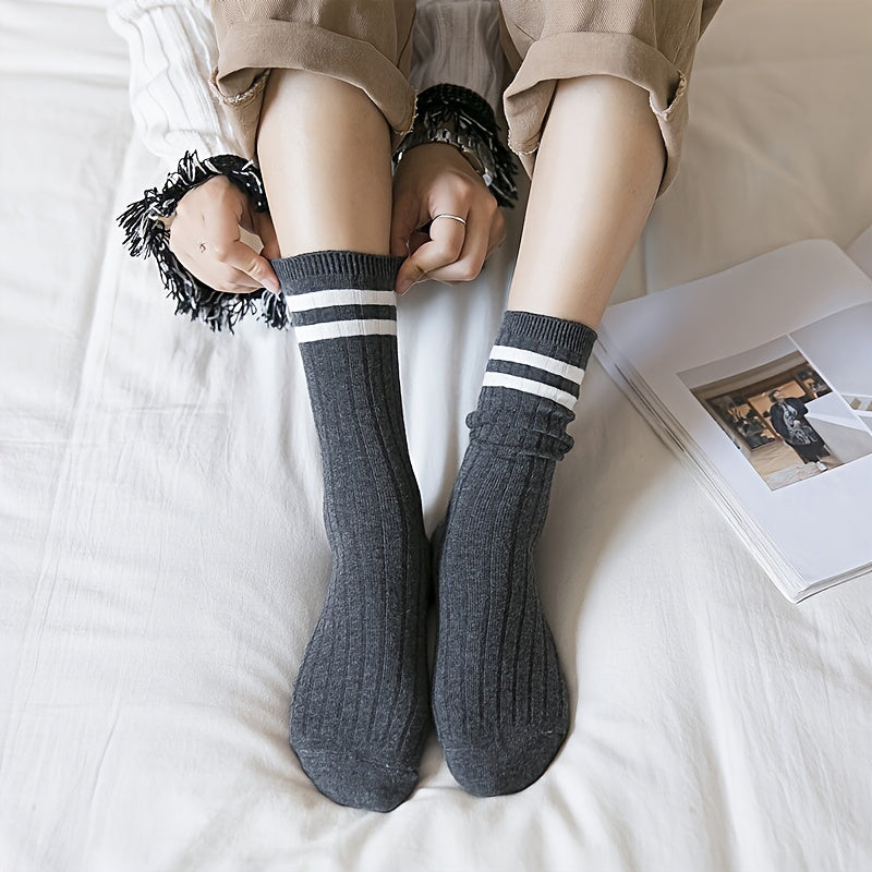 3 Pairs Girls Striped Sports Socks - Comfy Crew Socks for Kids