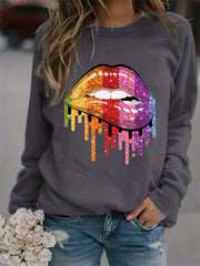Colorful Lip Print Loose Sweatshirt Casual Long Sleeve