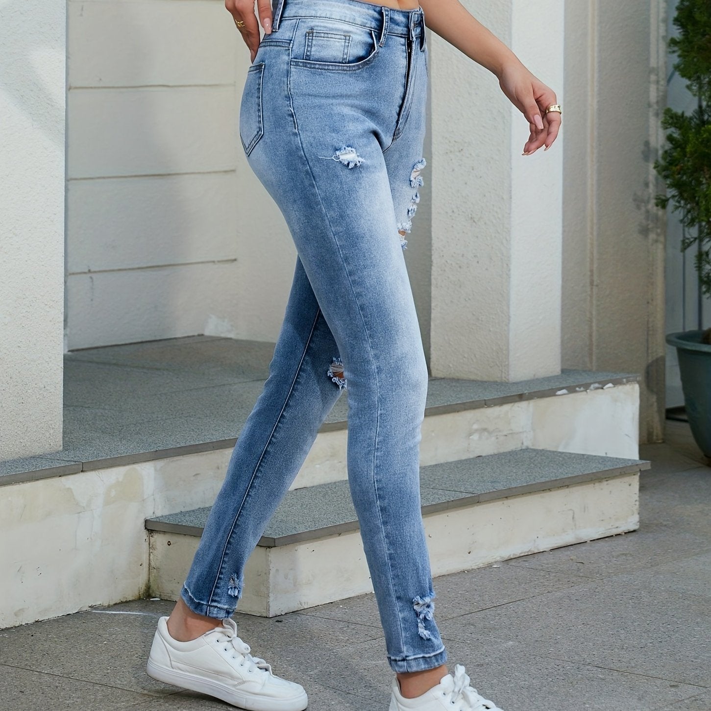 Distressed Skinny Jeans Slash Pocket Denim Pants Women's Street Style