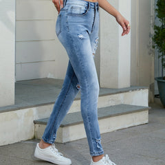 Distressed Skinny Jeans Slash Pocket Denim Pants Women's Street Style