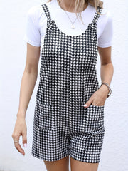 Houndstooth Print Dual Pockets Romper Jumpsuit