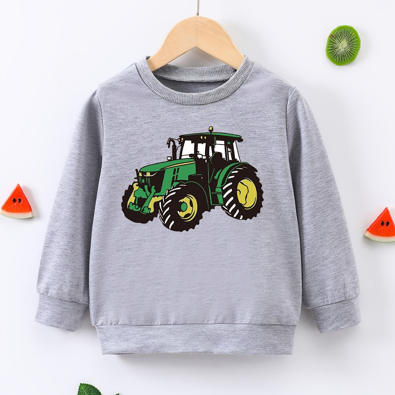 Cartoon Tractor Print Boys Casual Pullover Sweatshirt Long Sleeve Crew Neck Tops