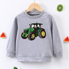 Cartoon Tractor Print Boys Casual Pullover Sweatshirt Long Sleeve Crew Neck Tops