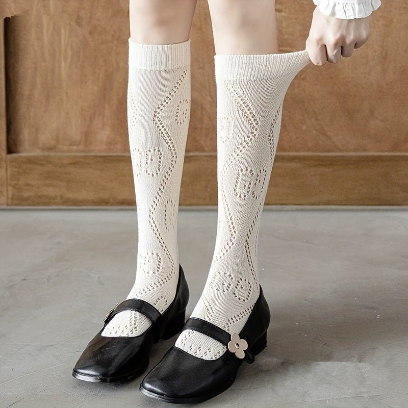 Geometric Striped Calf Socks Hollow Out Knee High Socks Women's Stockings