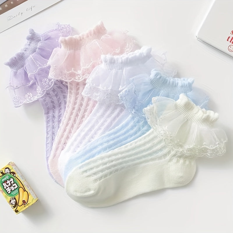5 Pairs Lace Brim Cotton Socks for Girls