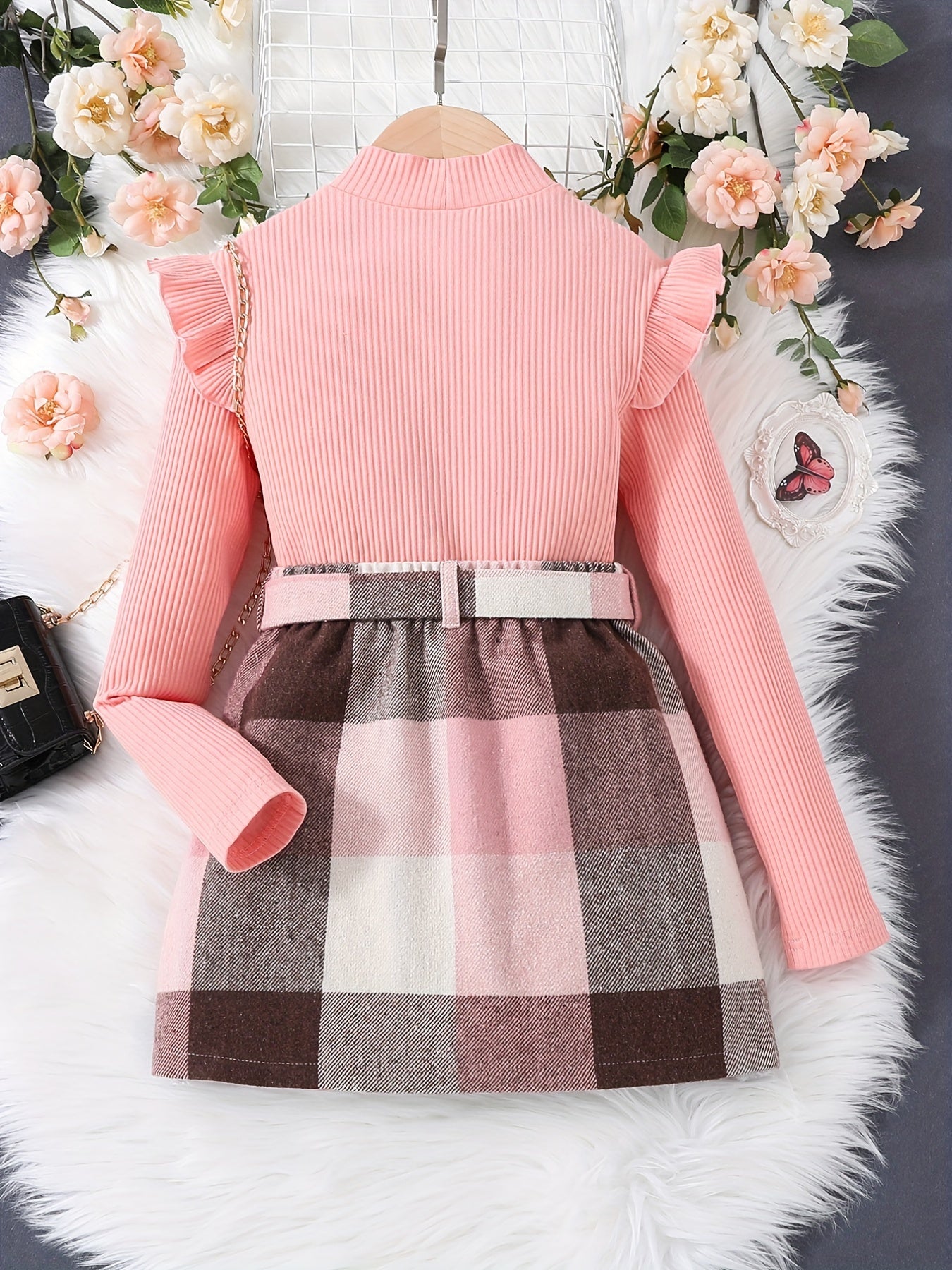 Toddler Baby Girls 2pcs Ruffle Knit Tops Bow Tie Plaid Mini