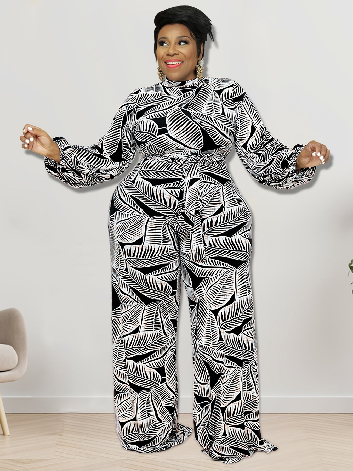 Tropical Print Lantern Sleeve Jumpsuit Plus Size