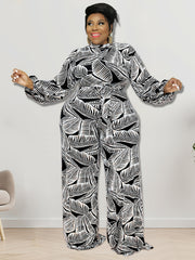 Tropical Print Lantern Sleeve Jumpsuit Plus Size