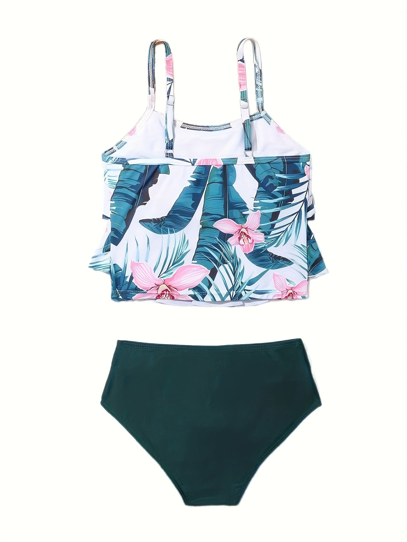 Girls Flower Graphic Swimwear Set Ruffle Trim Bathing Suit