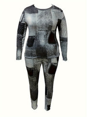 Plus Denim Print Long Sleeve Tee & Leggings Set