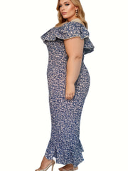 Plus Size Ditsy Print Ruffle Off Shoulder Mermaid Dress