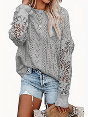 Contrast Lace Eyelet Knit Sweater Crew Neck Long Sleeve
