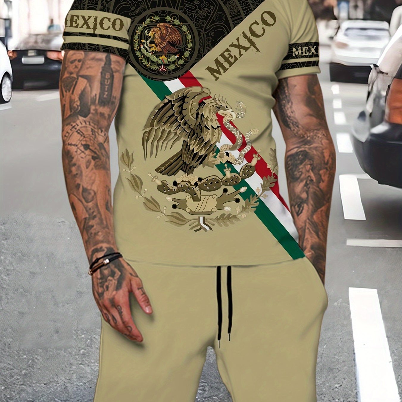 Mexico Eagle Pattern Men's 2 Piece Short Sleeve T-shirt & Shorts Set