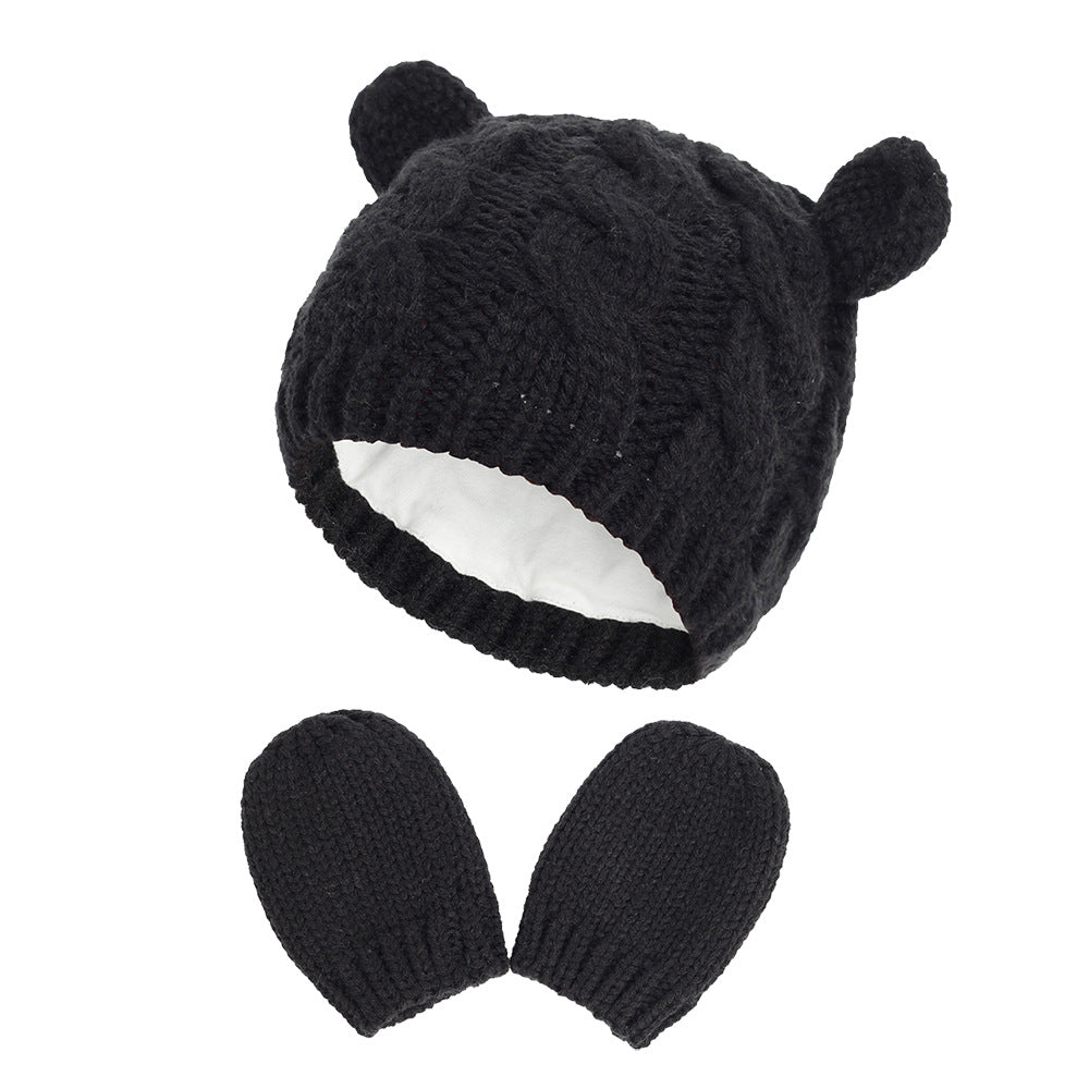 2pcs Baby Boys Bear Ear Beanie Knitted Hat And Gloves Set